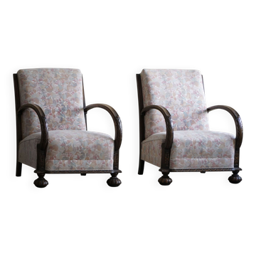Paire de chaises longues danoises Art Déco, chêne et tissu à fleurs vibrantes, années 1940