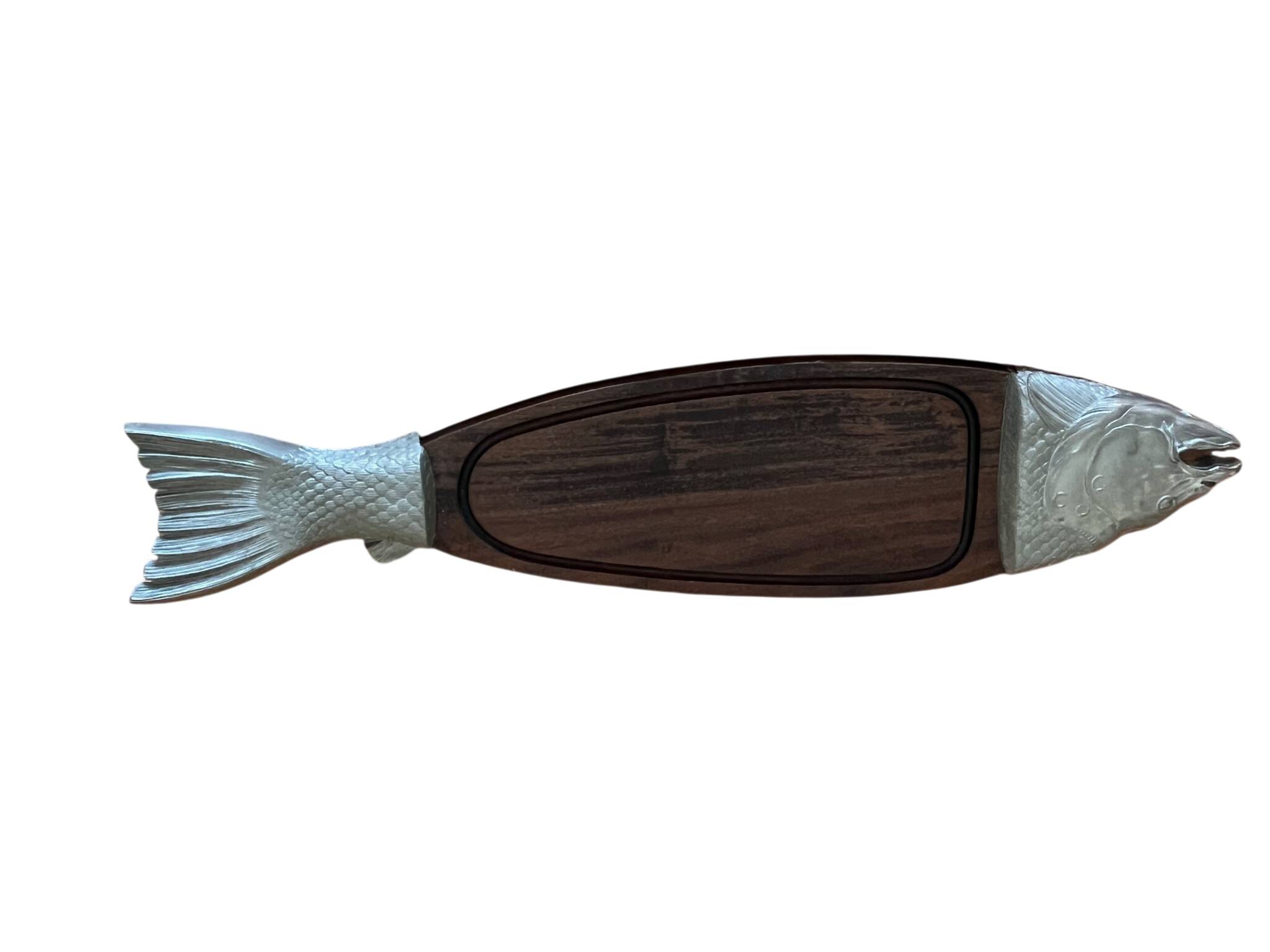 Vintage wooden and metal fish platter, purchased at Fauchon Paris, 1960s.