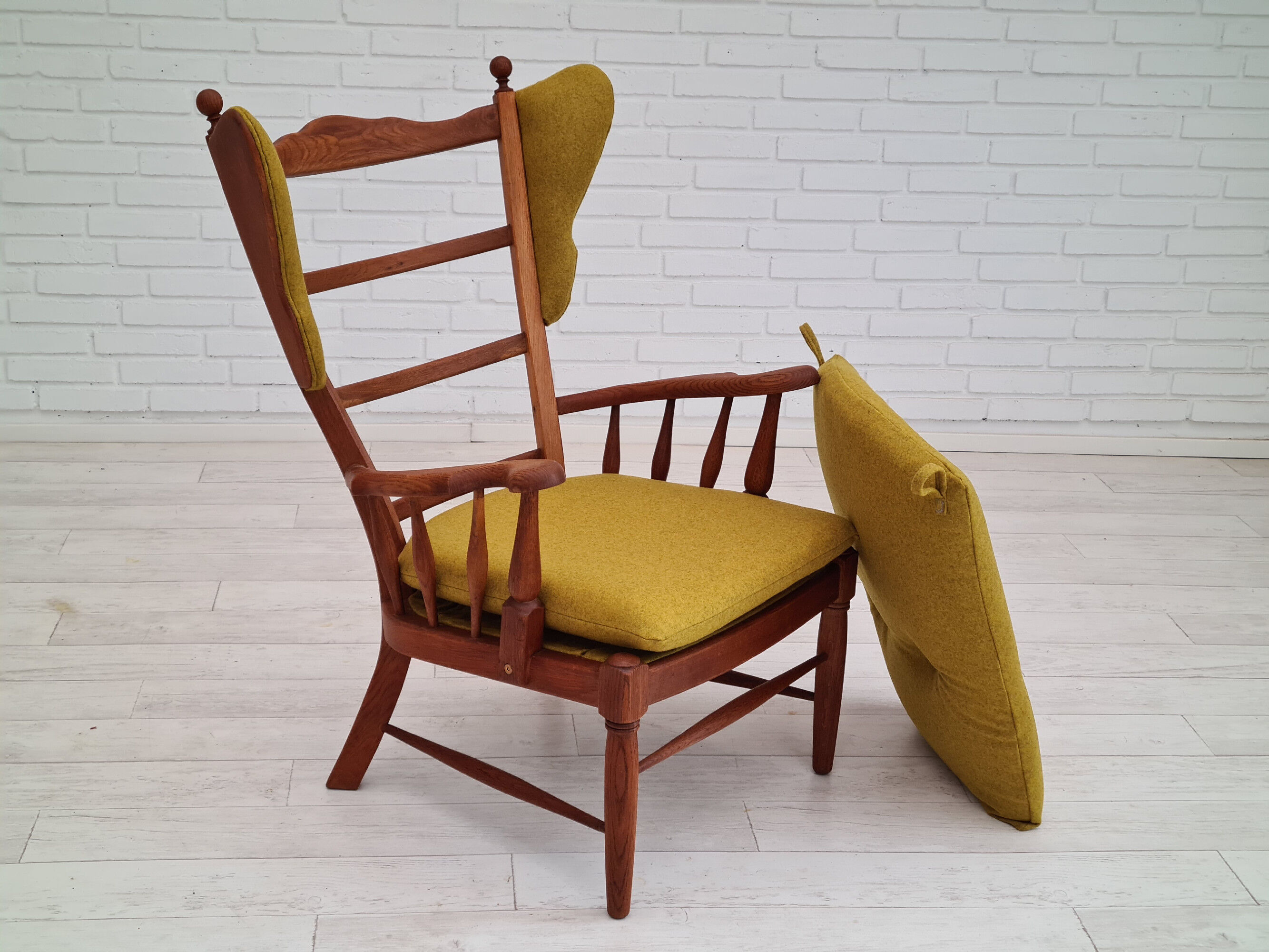 Danish high-backed ear flap chair, 1960s, reupholstered, solid oak, furniture wool