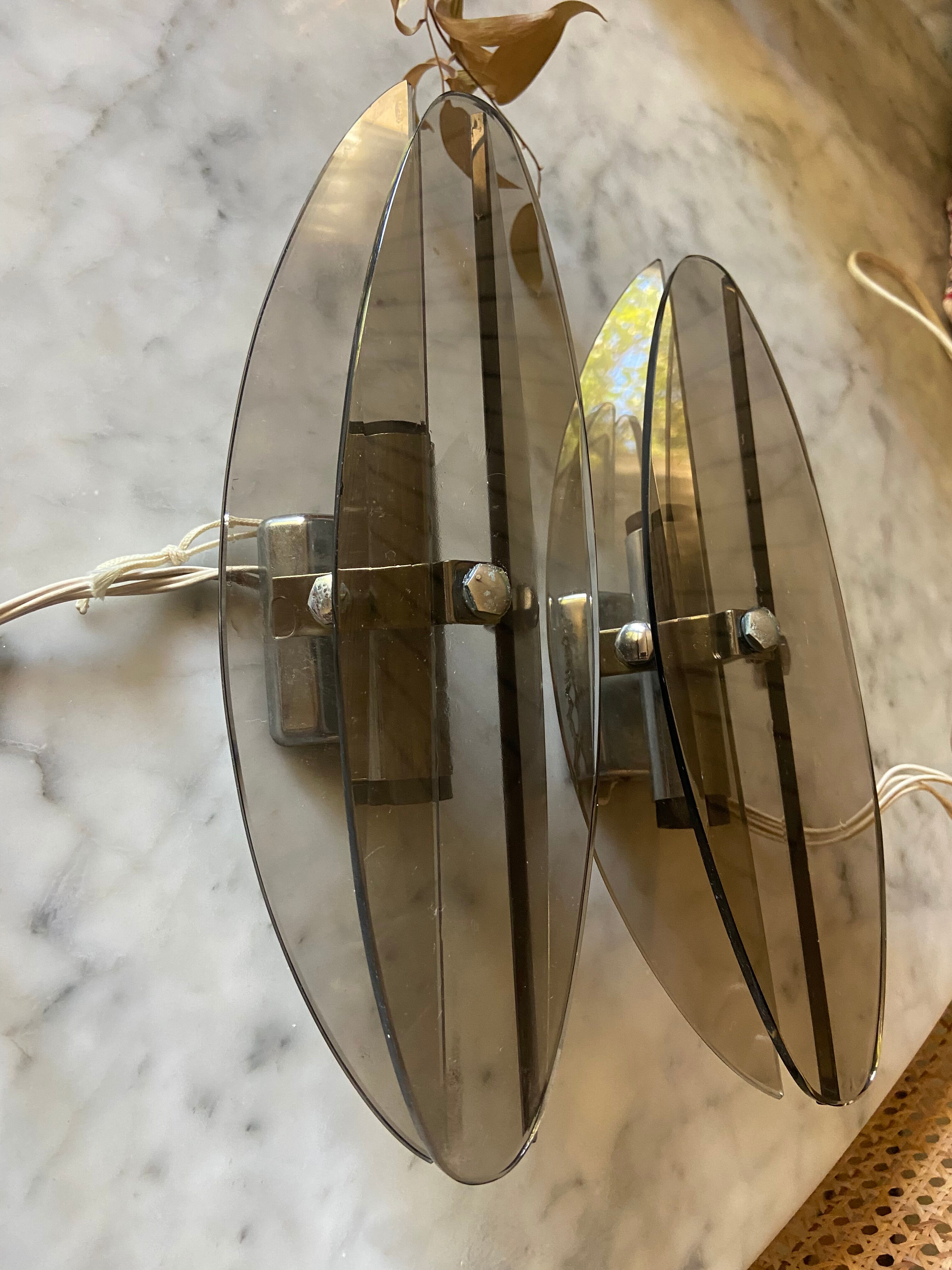 Pair of 70s smoked glass wall lamps