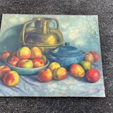 Antique painting Still life – apples, blue pottery and brass jug