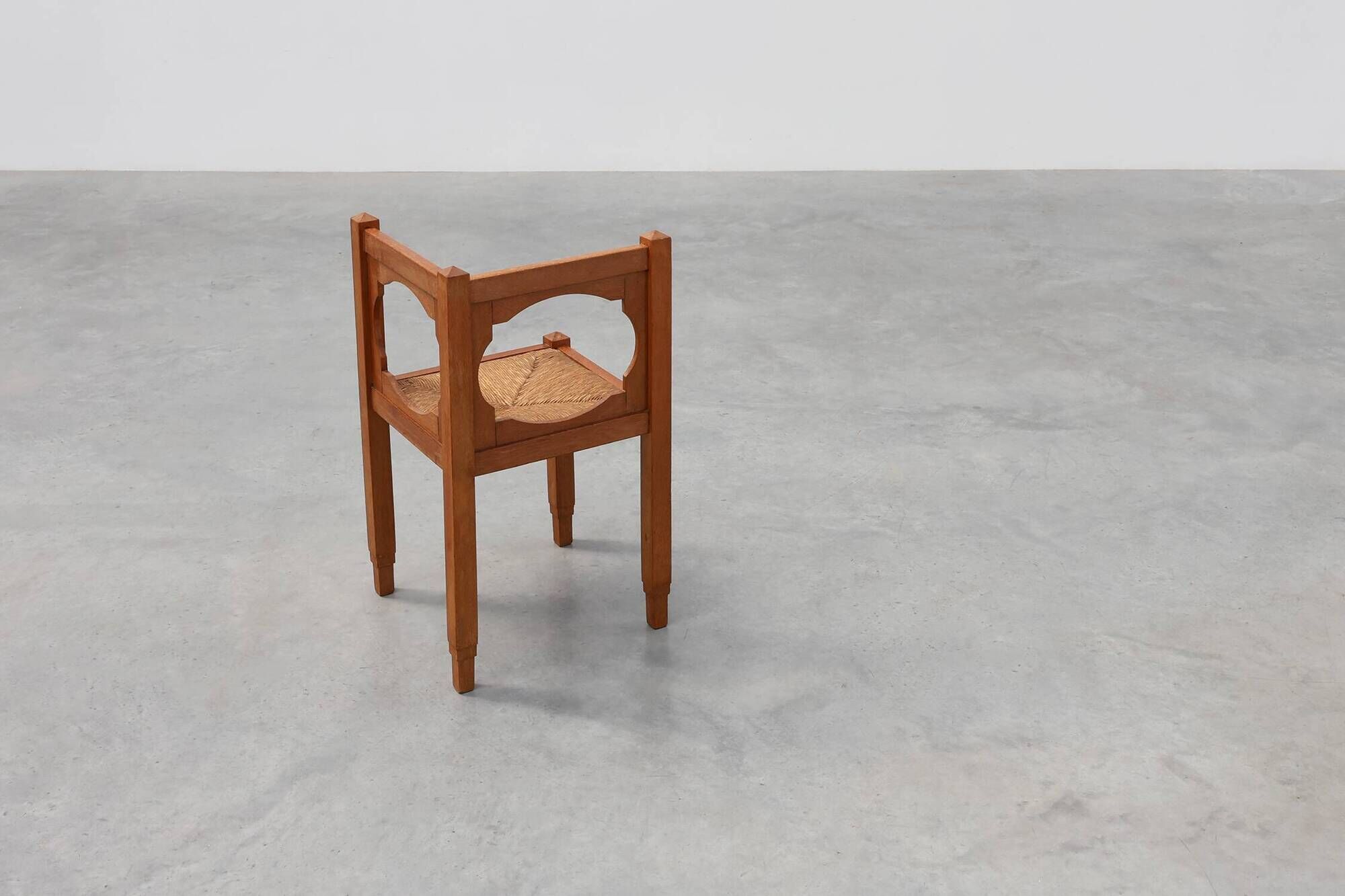 Art Deco Oak Corner Chair with Cut‑Out Backrest and Rush Seat, Belgium, cir