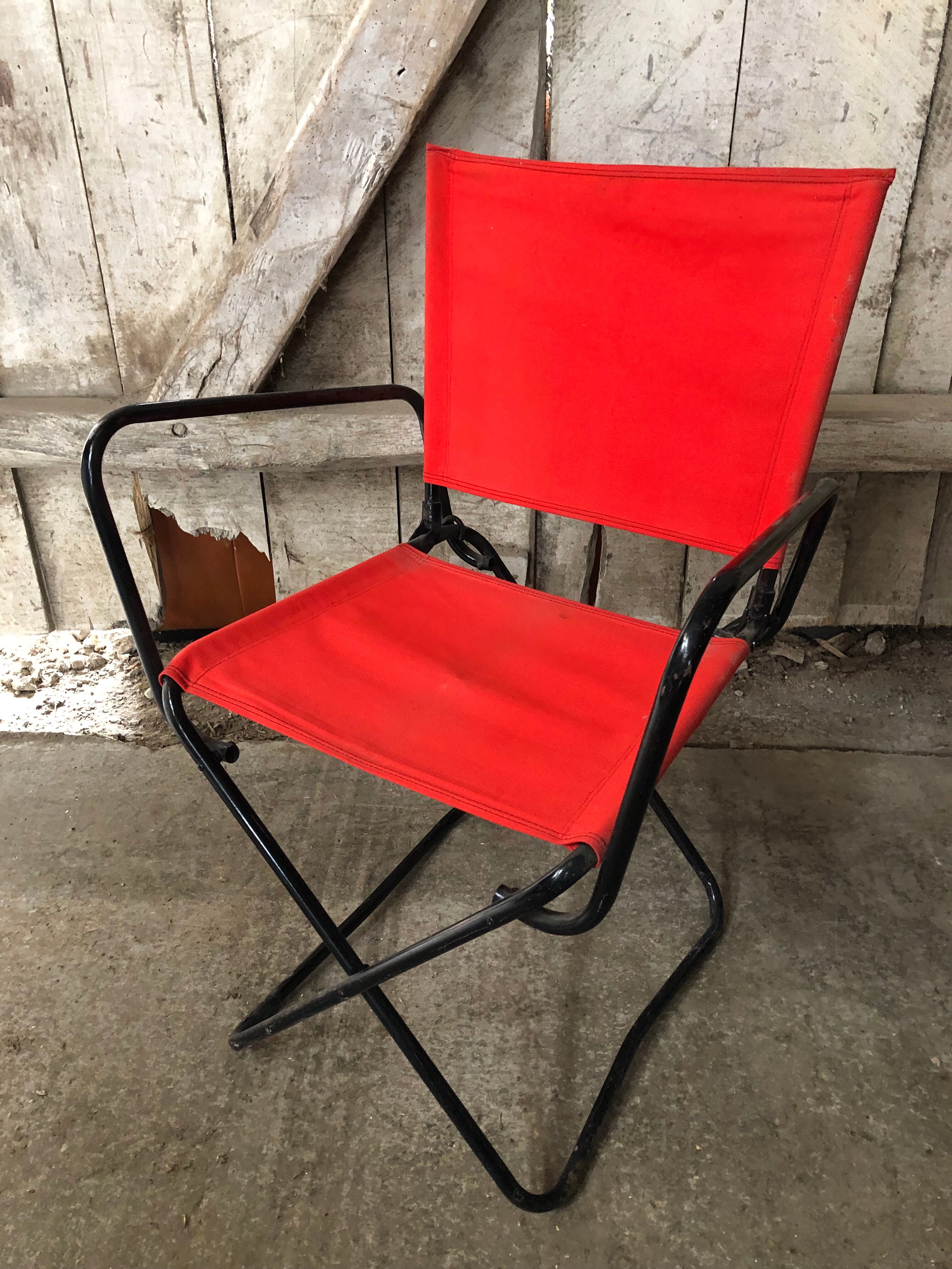 Old Folding Armchair Tube Metal Black + Red Fabric 70s Vintage