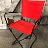 Old Folding Armchair Tube Metal Black + Red Fabric 70s Vintage