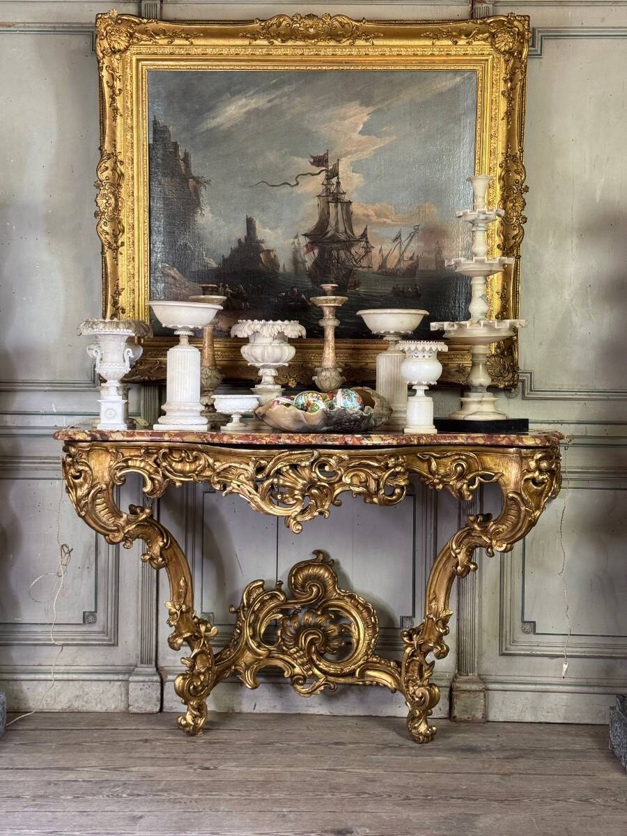 Important Louis XV Console in Carved and Gilded Wood, Breccia d'Aleppo Marble,