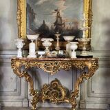 Importante Console Louis XV En Bois Sculpté Et Doré, Marbre Brèche D’alep,