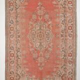 Tapis Anatolien Vintage Fait Main en Laine, Tons Rose Fané, Beige & Bleu