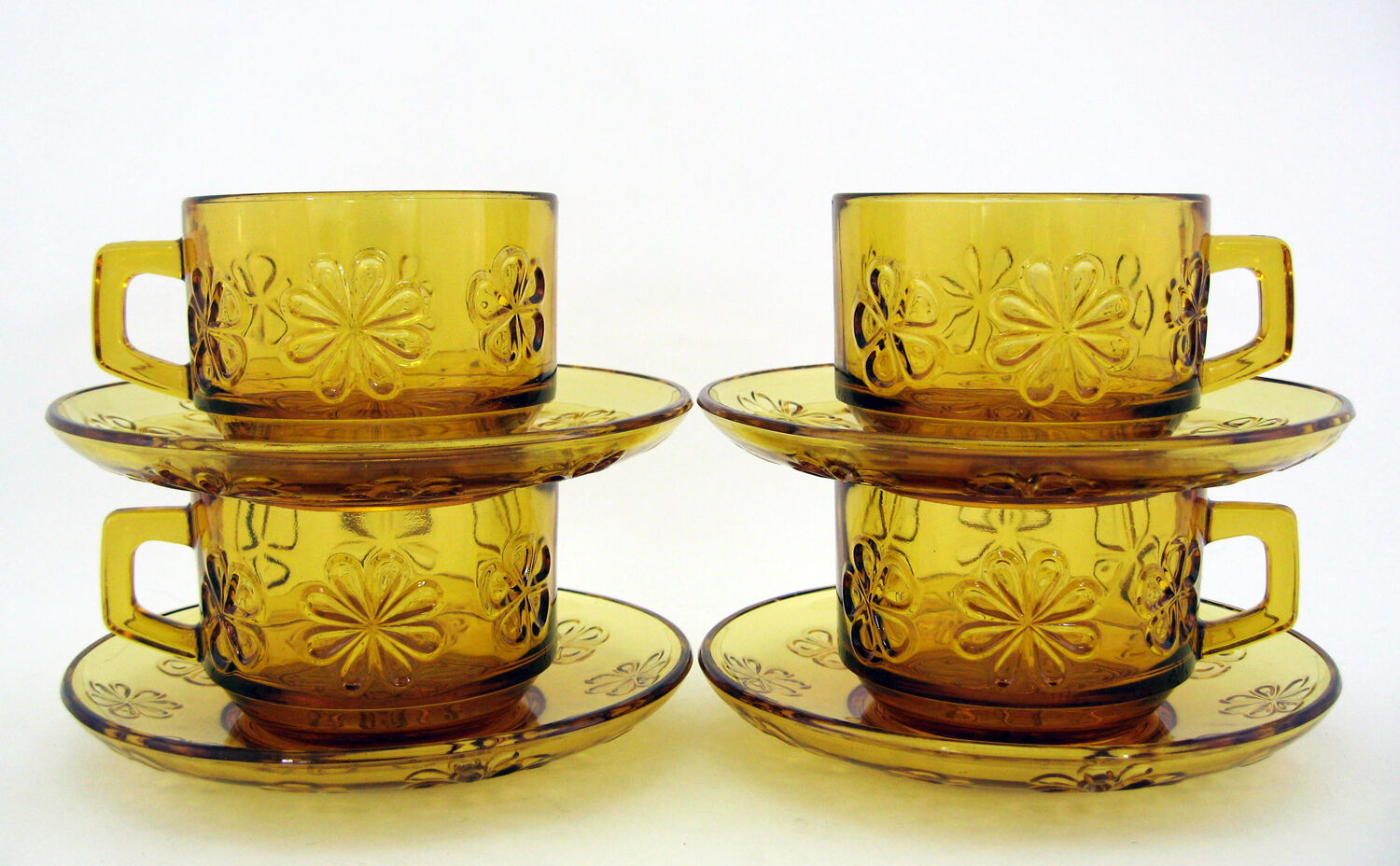 4 large amber yellow glass cups, floral décor, Daisy Vereco France, vintage 70s