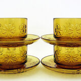 4 large amber yellow glass cups, floral décor, Daisy Vereco France, vintage 70s