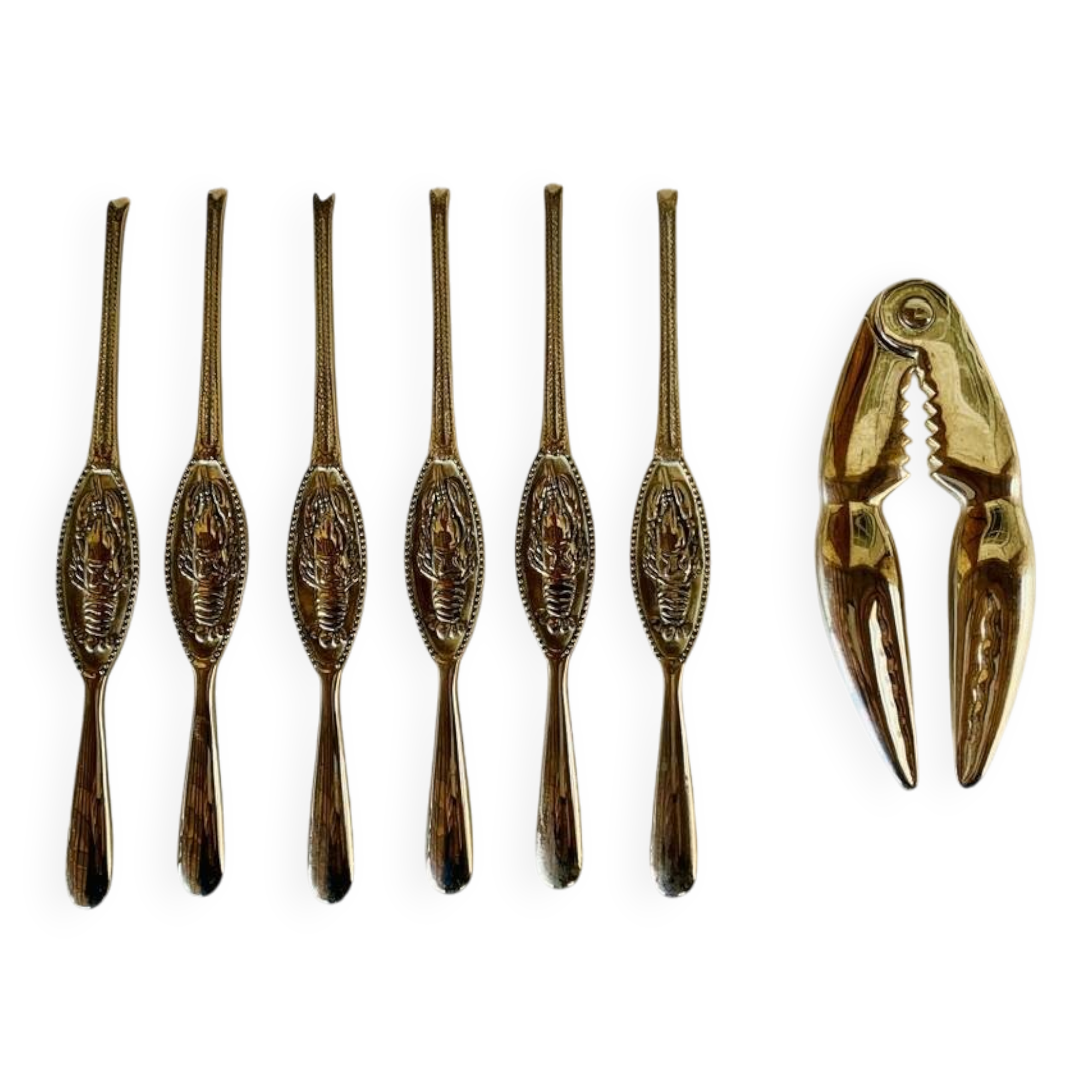 Set of 6 lobster forks and tongs, silver plated metal by Silea, circa 70
