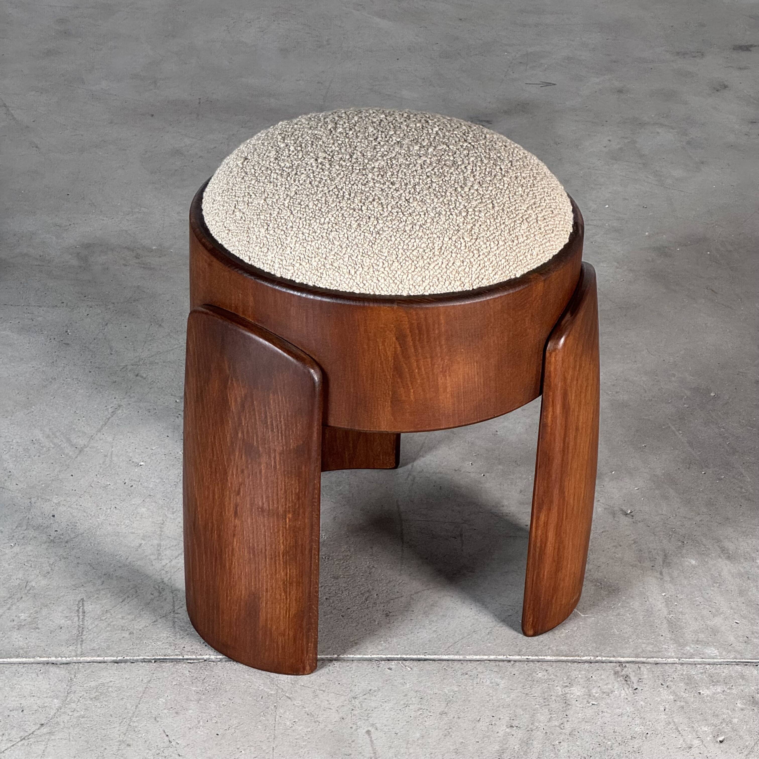 Sculptural Ash Wood Stool with Dedar Milano Bouclè Champagne by FORME, Italy