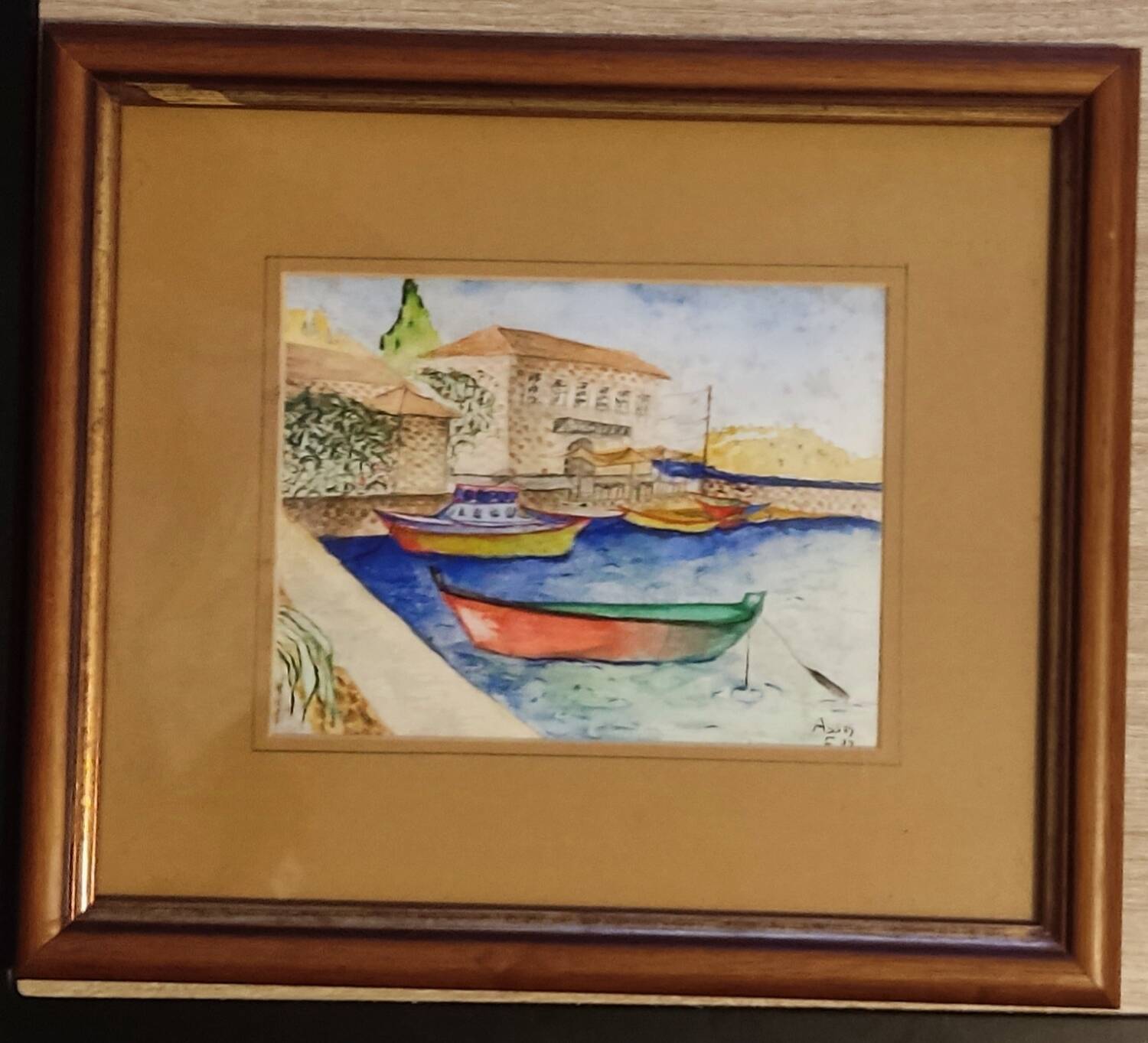 Marine painting on canvas fishing boats at the port