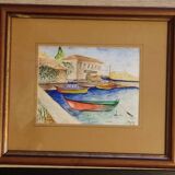 Marine painting on canvas fishing boats at the port