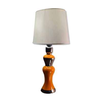 Lampe  en ceramique argent et orange vernisé