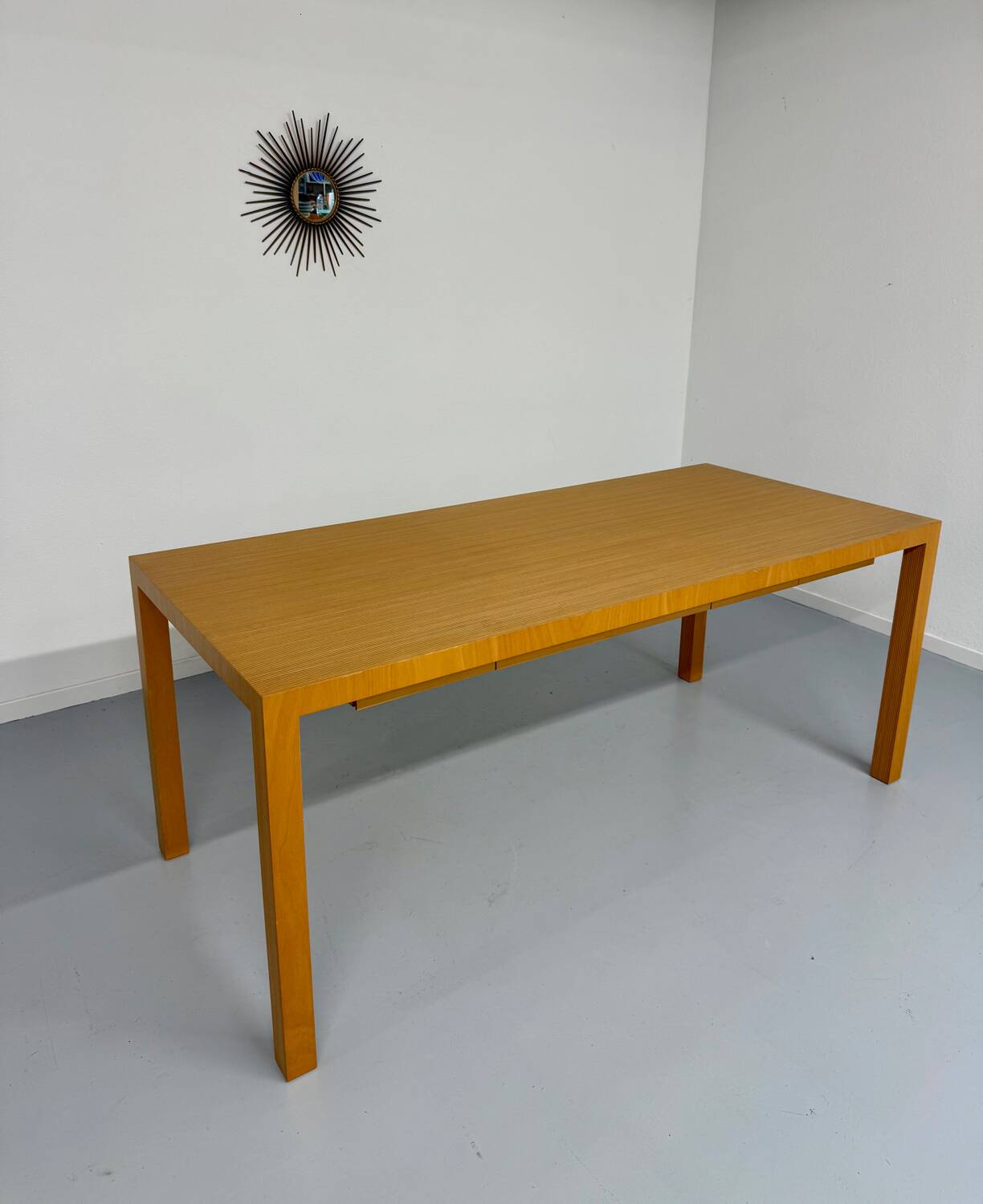 Post-modern striped wood table with drawers, design 80.