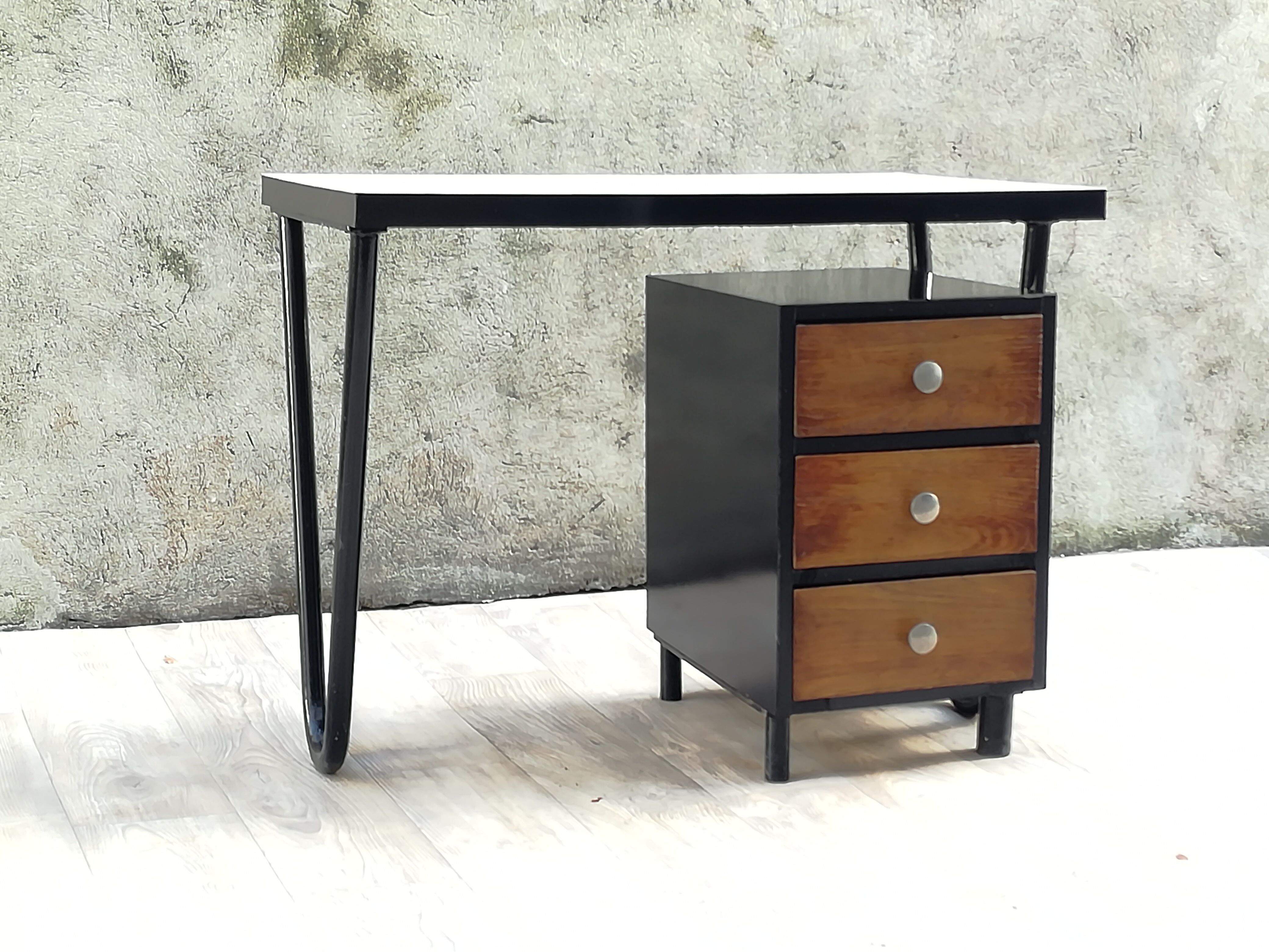Modernist desk in metal and wood, 1950 s