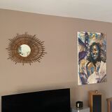 Miroir soleil ORTF en rotin. 80x60cm. 1960.