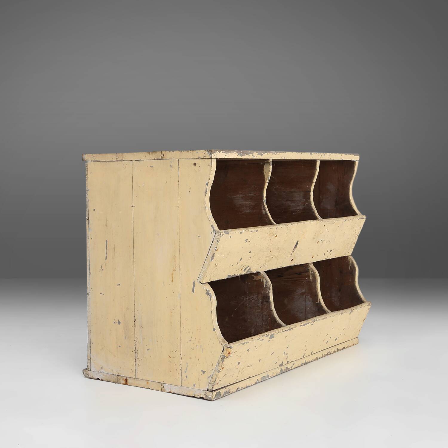 Unique industrial lacquered compartment cabinet with rich patina, France, 1890