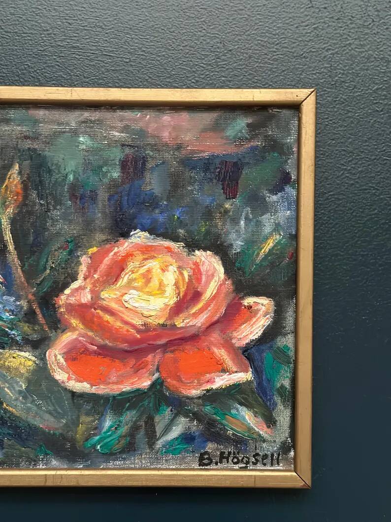 Original Swedish Oil on Canvas – “Yellow Rose” by B. Högsk – Signed – Vintage & Framed – 33 × 33 cm (13" × 13")