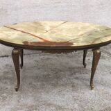 Table basse ovale vintage en onyx, marbre et laiton, 1950