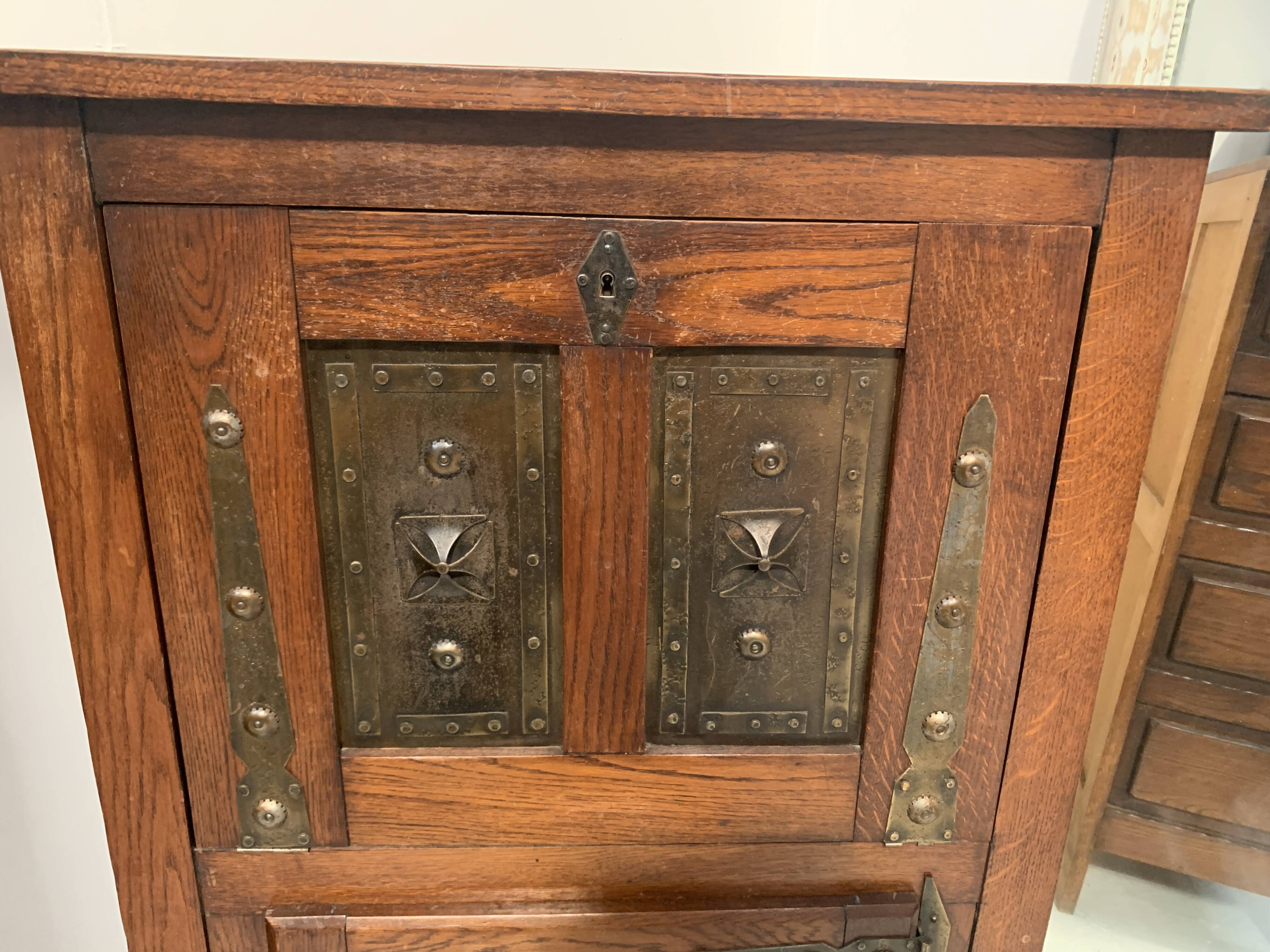 20th century natural wood and metal plate secretary desk