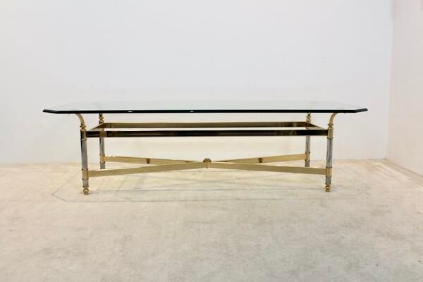 Table basse en laiton, chrome et verre, France 1970