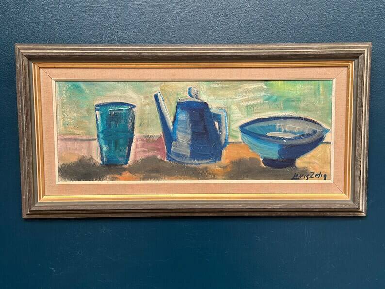 Large Original Swedish Oil on Panel – “Kettle Bowl and Glass” by Louis Zelig – Signed – Vintage & Framed – 40 × 80 cm (15.7" × 31.5")
