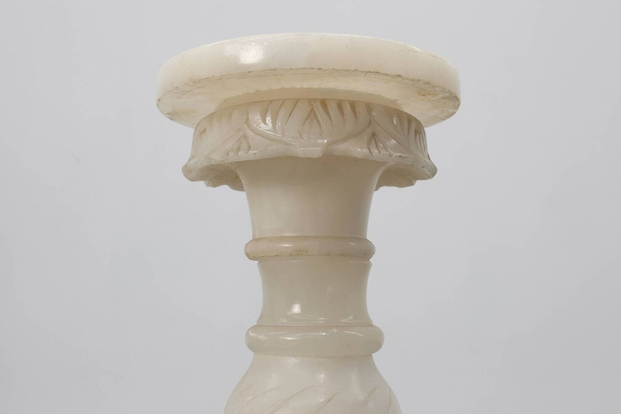 Italian Turned Alabaster Pedestal Column with Carved Leaf Capital