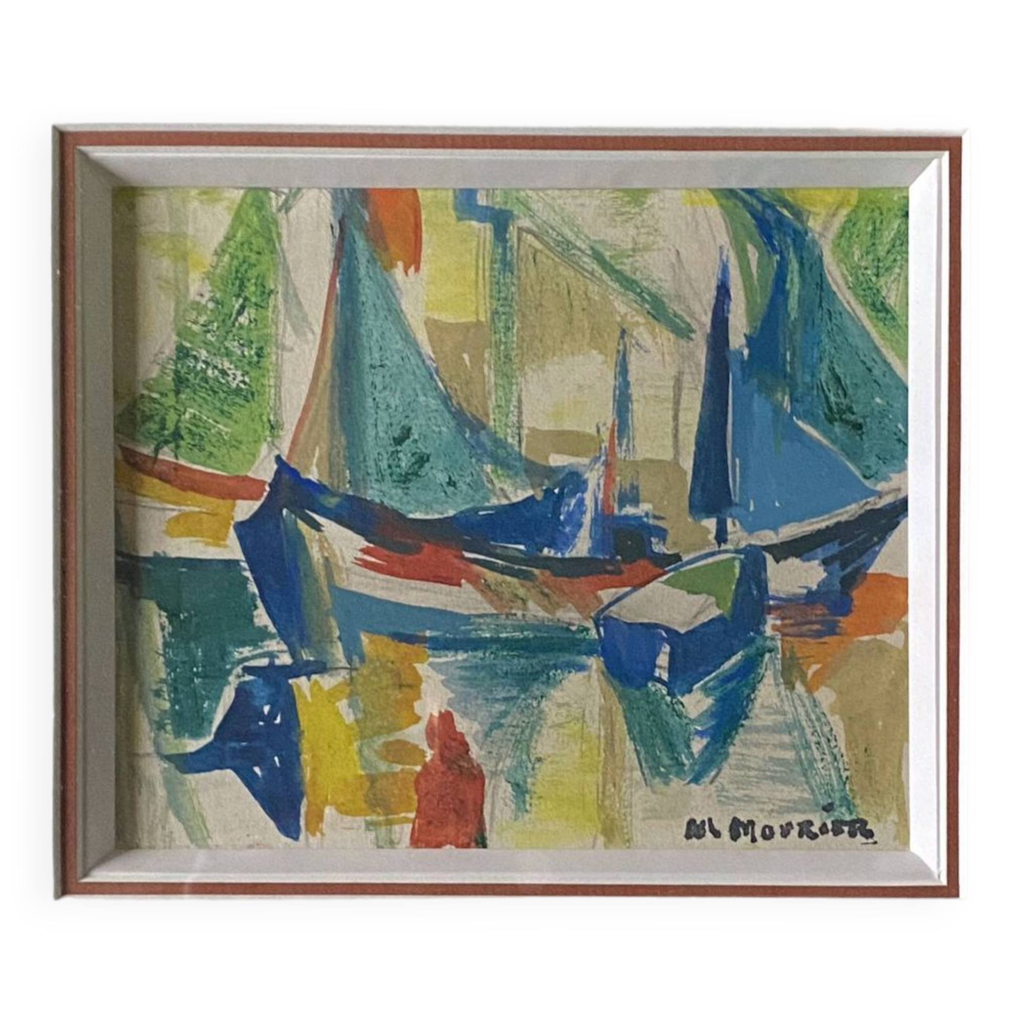 Watercolor Painting MOURIER Marguerite (1910-1987) "the sailboats" + frame