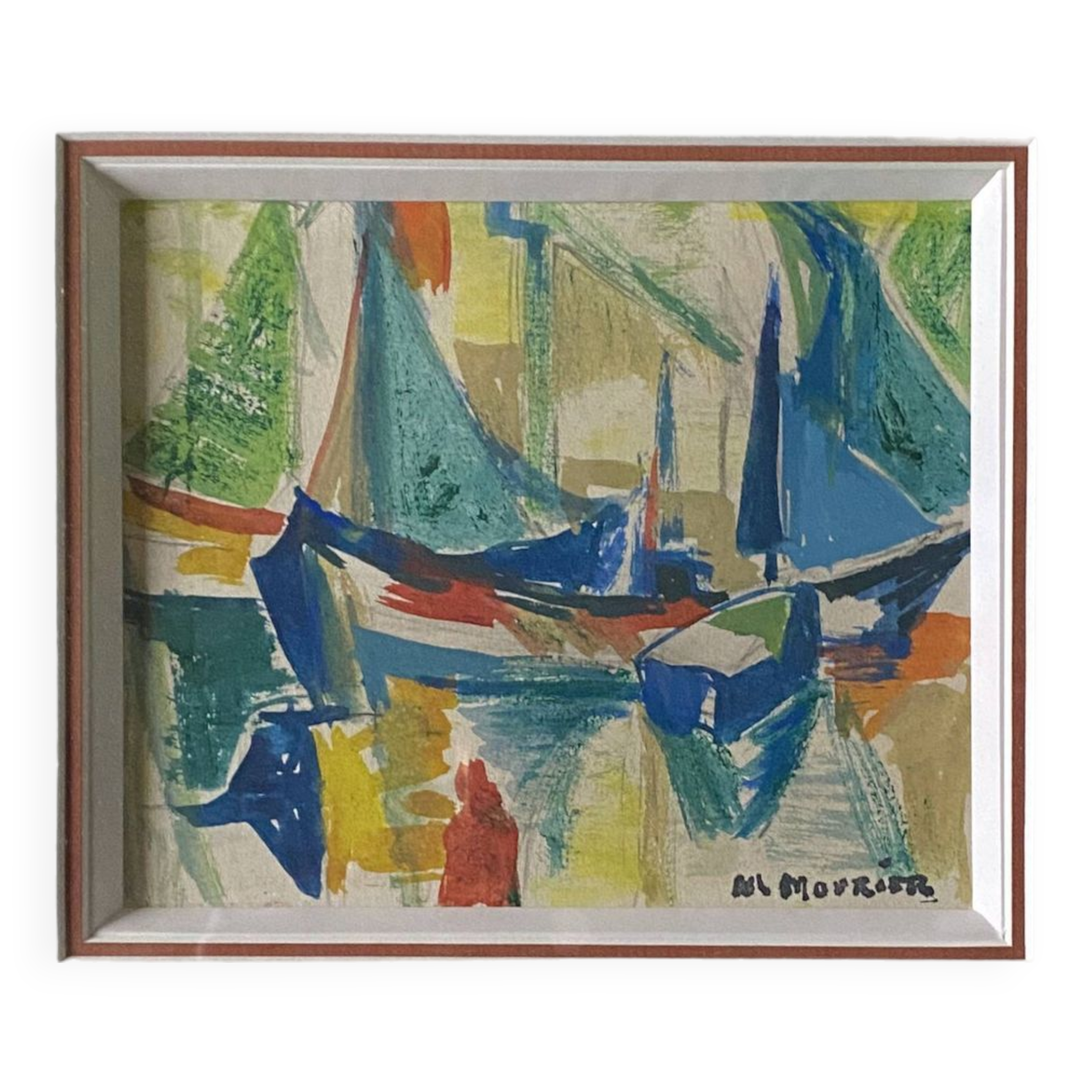 Watercolor Painting MOURIER Marguerite (1910-1987) "the sailboats" + frame