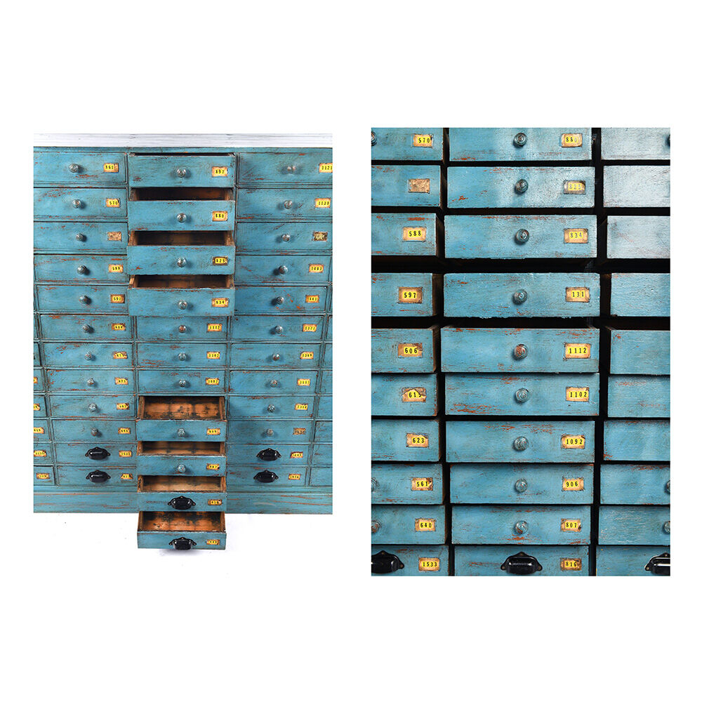 Pastourel wooden craft cabinet with 96 drawers and blue patina