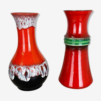 Ensemble de 2 vases multicolores en poterie Fat Lava Op Art fabriqués par JASBA Ceramics Allemagne