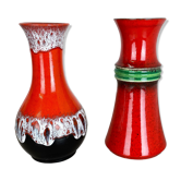 Ensemble de 2 vases multicolores en poterie Fat Lava Op Art fabriqués par JASBA Ceramics Allemagne