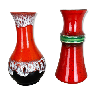 Ensemble de 2 vases multicolores en poterie Fat Lava Op Art fabriqués par JASBA Ceramics Allemagne