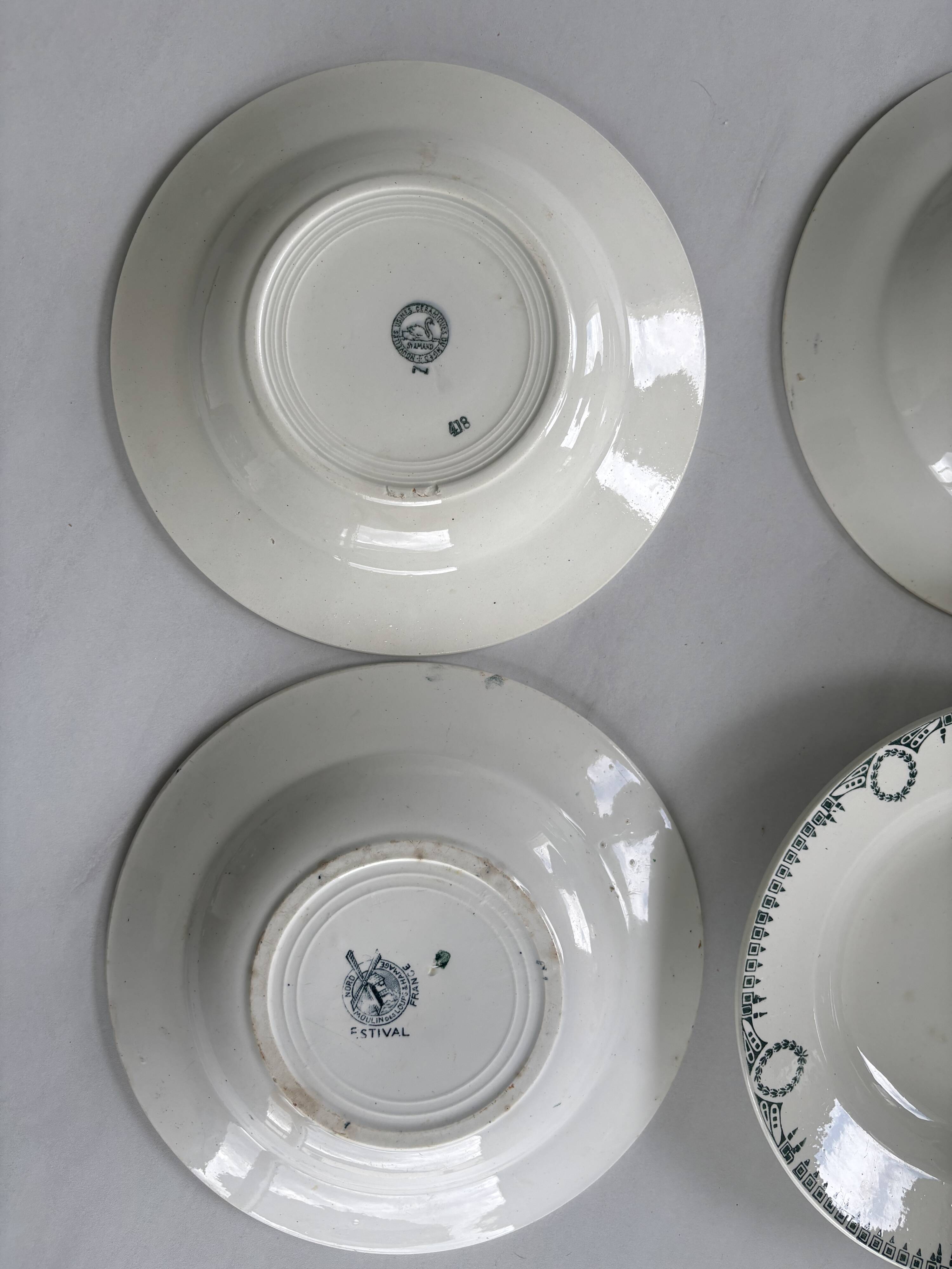 Set of 6 blue ironstone deep plates, antique French earthenware.