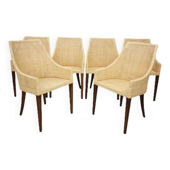Suite of 6 chairs in wood and woven rattan