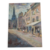 Vue animée de Guingamp, huile sur toile signée Roland, 73 x 52 cm
