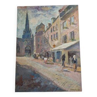 Vue animée de Guingamp, huile sur toile signée Roland, 73 x 52 cm