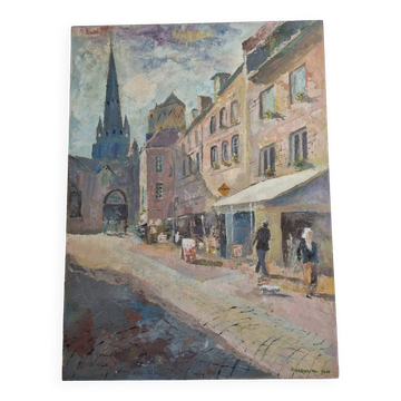 Animated view of Guingamp, oil on canvas signed Roland, 73 x 52 cm