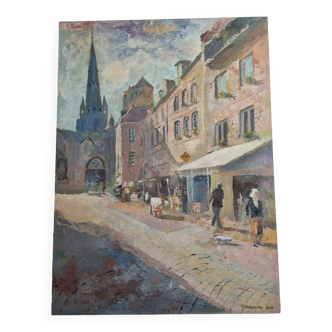 Animated view of Guingamp, oil on canvas signed Roland, 73 x 52 cm