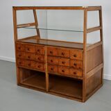 Meuble de mercerie ou comptoir de magasin espagnol ancien en hêtre et chêne, années 1950