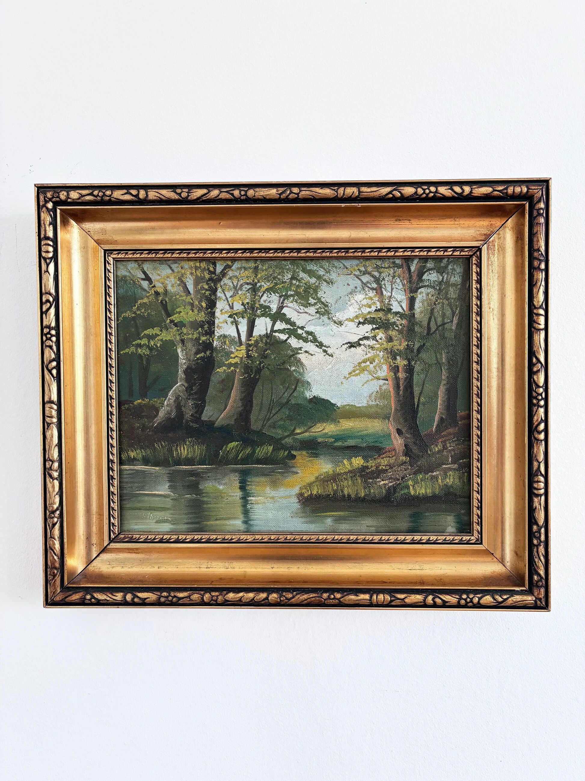 Vintage original landscape oil painting, signed river art