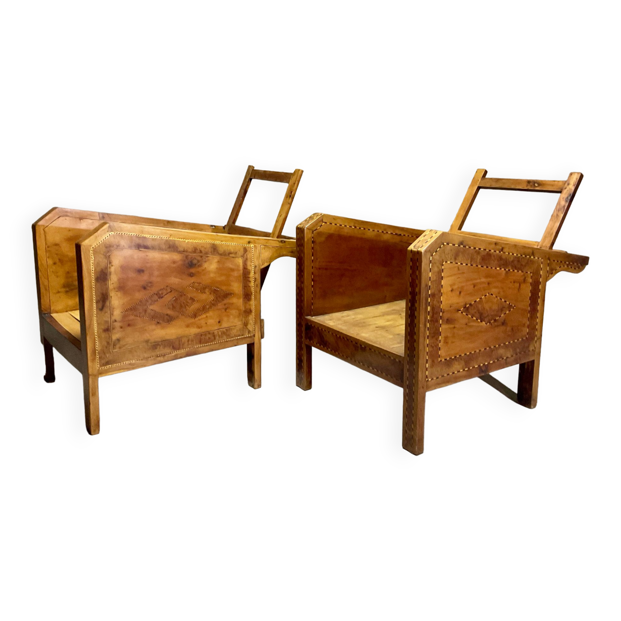 Vintage wooden veranda armchairs with inlaid marquetry 1930s