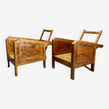 Vintage wooden veranda armchairs with inlaid marquetry 1930s