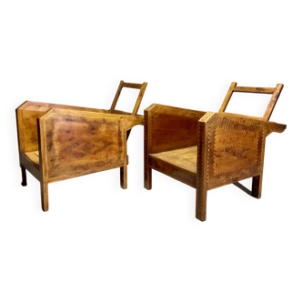 Fauteuils de véranda vintage en bois avec marqueterie incrustée 1930s