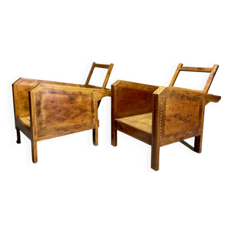 Vintage wooden veranda armchairs with inlaid marquetry 1930s