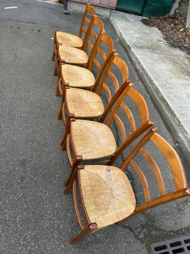 6 solid wood straw-seated Louis Philippe chairs, oak, 20th century.