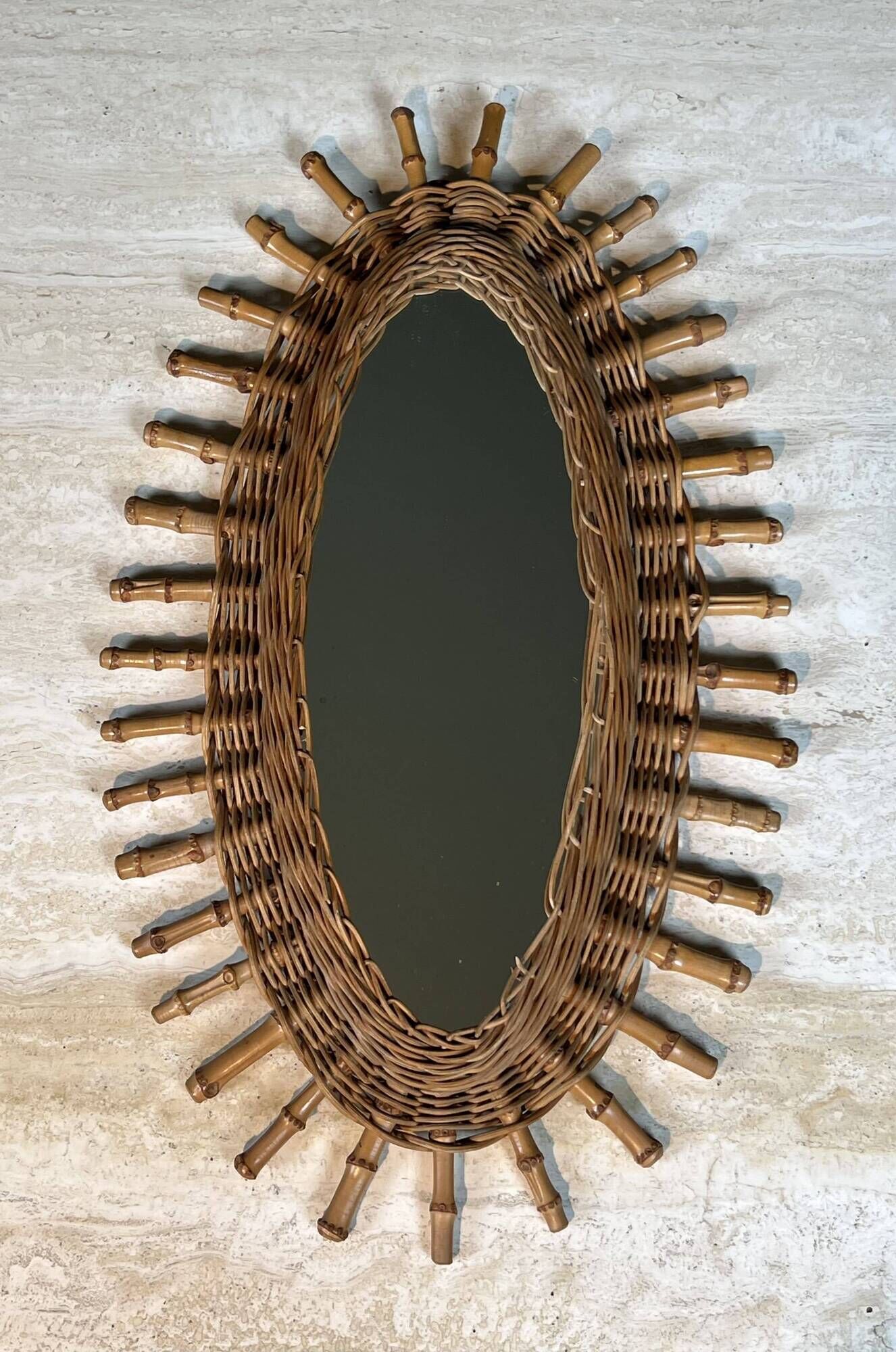 Oval Mirror in Rattan. Woven Willow and Bamboo. French Work from the Riviera.