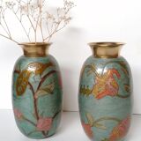 Pair of enamelled brass vases