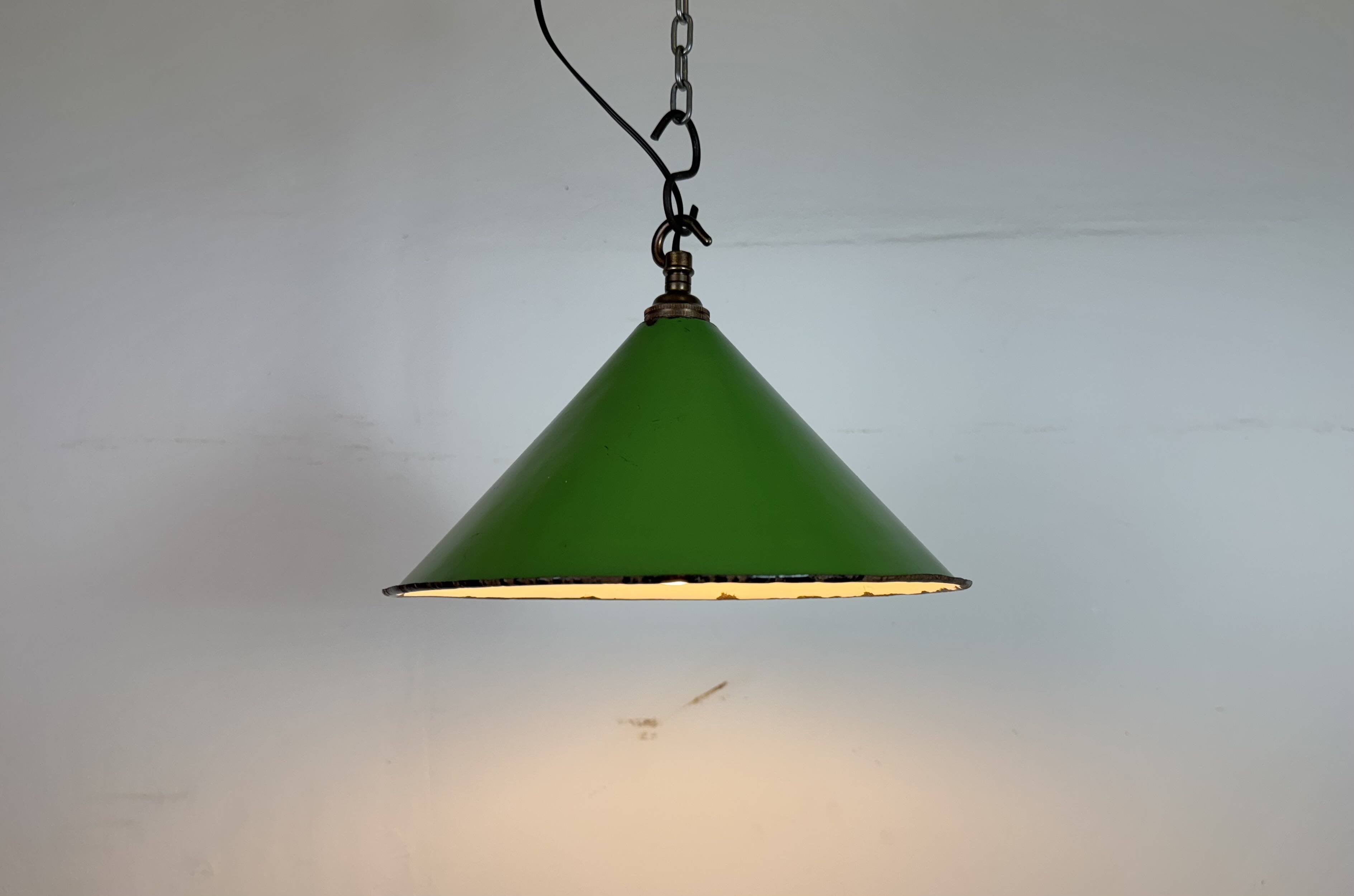 Industrial British Green Enamel Factory Pendant Lamp, 1950s
